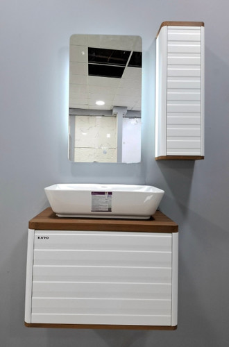 روشویی کابینتی مدلPسفید طرح چوب رویه مستعطیل فول ست اینه تاچ بک لایت